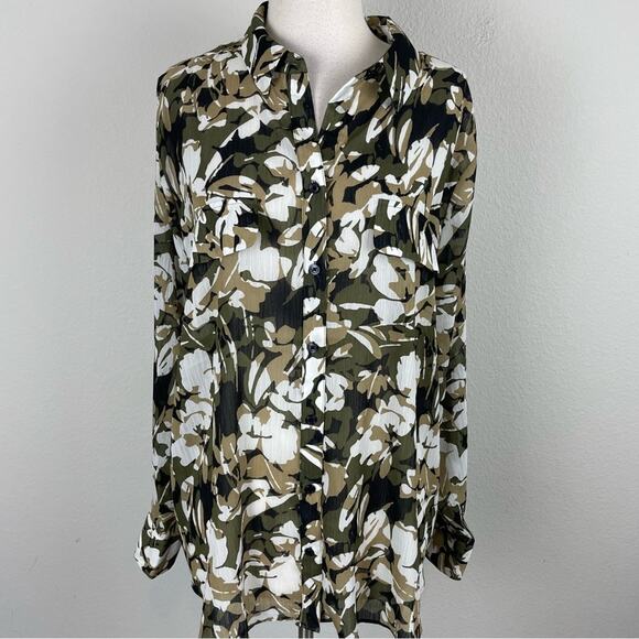Chico's Olive Tan White Floral Semi Sheer Long Sleeve Top 4 - Picture 2 of 9